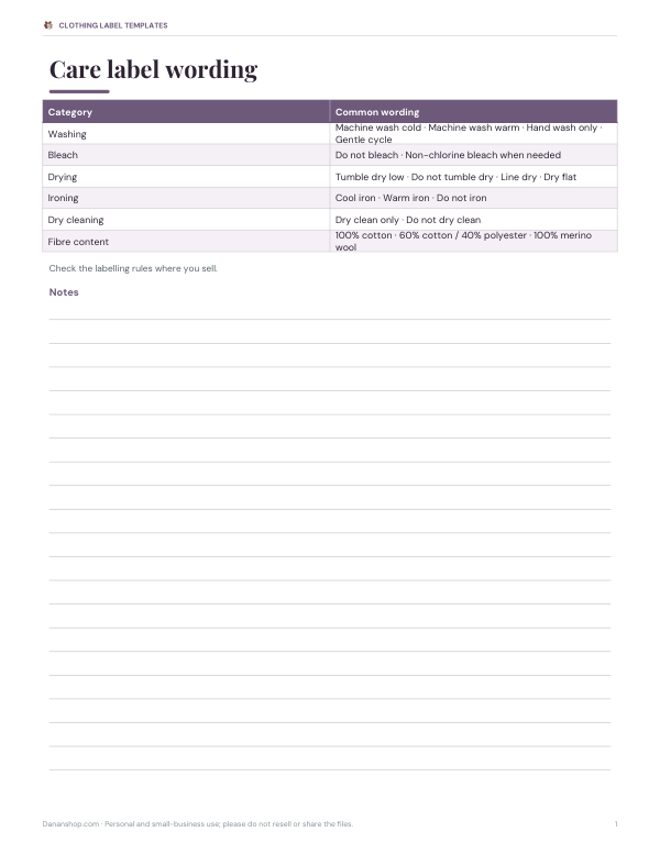 Preview of Printable Care Label Wording Chart