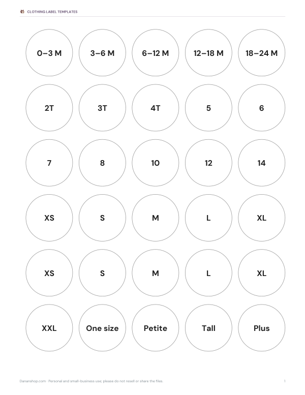 Preview of Printable Size Labels
